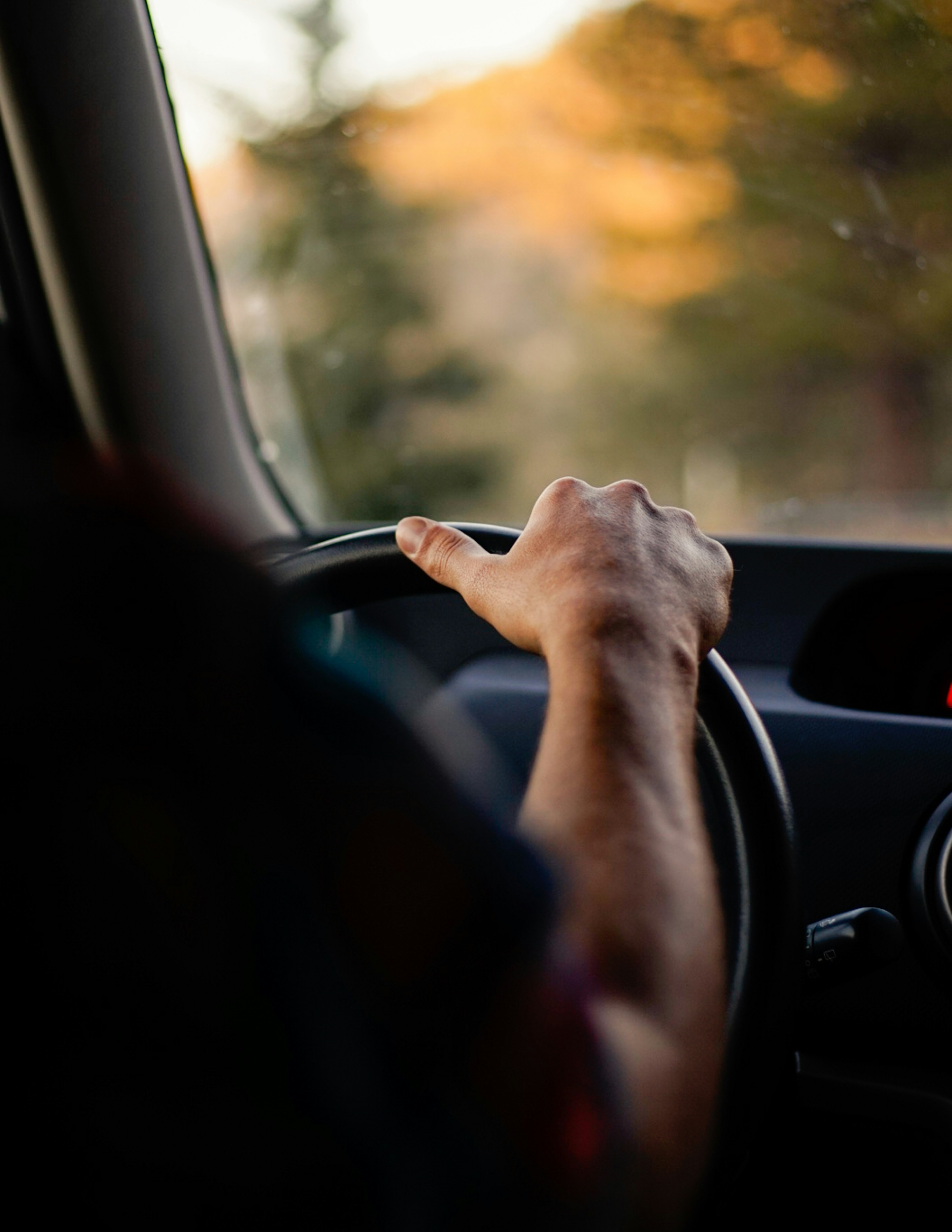 A learner's hand resting confidently on the steering wheel at golden hour